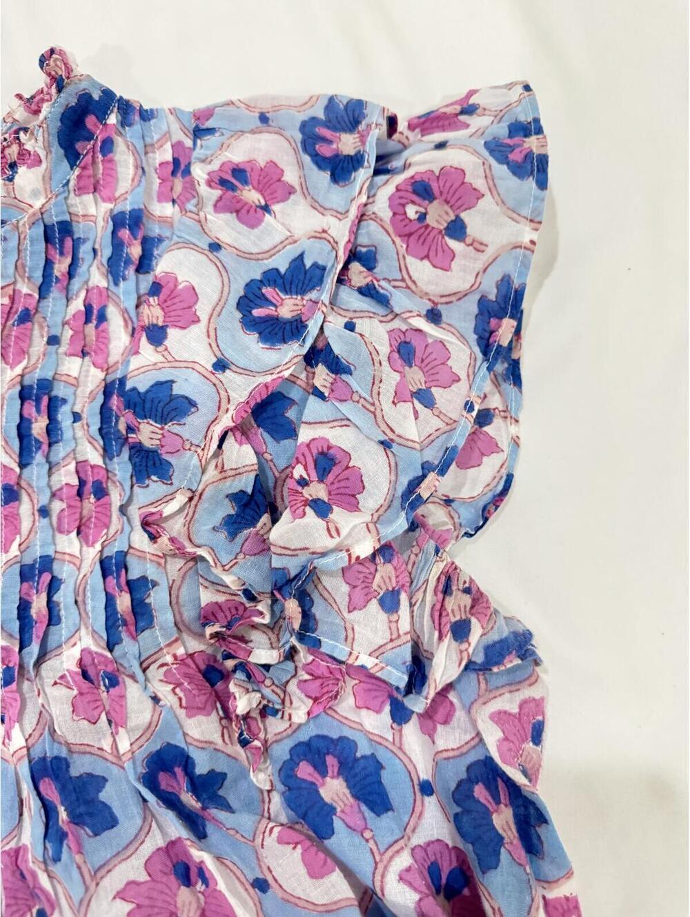 Oliphant Pink Floral Block Print Cotton Smocked Ruffle Blouse Small - Picture 3 of 8